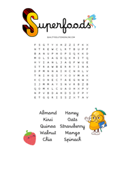 Sopa de letras Superfoods en inglés para niños