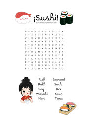 Sushi printable word search for kids