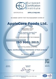 AppleCore Foods Ltd ISO 9001:2015 Certificate