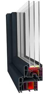 a window with a glass window and a red plastic window