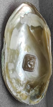 "Approx 11mm white cultured pearl featuring engraved Om symbol–using nucleus implantation-Prepared for export"