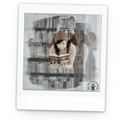 A reading woman who's flying in front of a bookcase