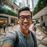a man with glasses and a backpack on a city street