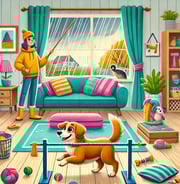 a dog is playing with a ball in a living room
