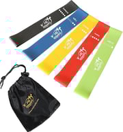 a set of resistance bands with a drawstring bag