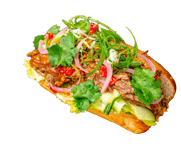 a sandwich with juicy pulled beef, red chillies, coriander, spring onions and pickled onions