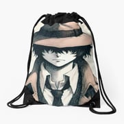 Drawstring bag with a broody anime boy illustration