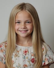 Real portrait of a young girl with blonde hair and a flowered dress