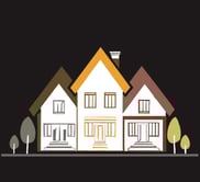 ampro construction and consulting logo.   three hand drawn homes with shrubs on each side.  c