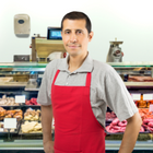 a man in a red apron and a red apron