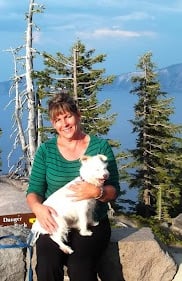 Waterfall Hwy, OR - Me & my dog sitting in front of Crater Lake