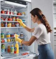 a woman cleaning a fridge