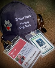 Tender Paws Therapy Dog Team cap with Pet Partners ID and Tennova Healthcare ID.  