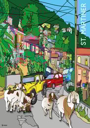 Late For Work by Raymond Bowen - goats on road with colourful hillside homes in background