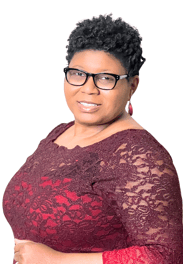 smiling African American woman in burgundy lace dress Legal Marketing Expert Tameka Chapman