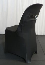 Pippee plastic chair with a black spandex cover and matching bling ribbon, available for hire in Brisbane.