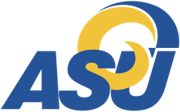 Angelo State University logo. Blue ASU, ram horns in blue and yellow circling around the S and U