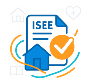 illustrazione di un documento con la dicitura "ISEE" e un grande segno di spunta arancione sopra, indicando approvazione 