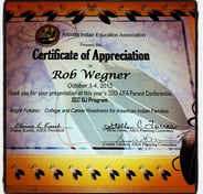 Arizona Indian Education Association Certificate of Appreciation for Rob Wegner