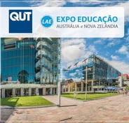 Leaflet of the LAE Expo Educacao with the QUT building behind the QUT logo