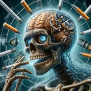 Crâne futuriste entouré de cigarettes, illustrant les dangers du tabac sur le cerveau et le corps
