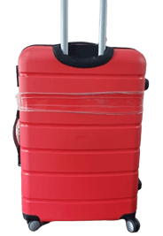 a red fiber suitcase trolley with black handle 