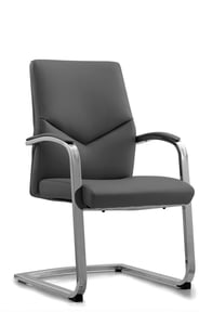 Cantilever base meeting chair with grey upholstery and open armrests