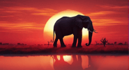 a large elephant walking across a field with a sunset in the background