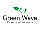 a green wave logo with a green leaf