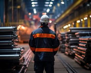 a man in a hard hat and safety vest standing in a warehouse