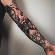 neo japanese style tattoo including geisha and oni mask