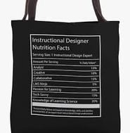 Tote bag design listing 'Instructional Designer' nutrition facts like creativity, problem solving,