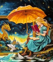 a woman sitting on a chair with a book and an umbrella, Fantasy by Henri Tavares