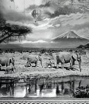 illustration with elephants moving with a snowy mountain in the background