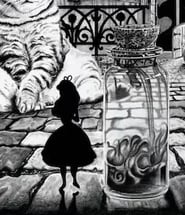 graphite drawing with Alice next to a bottle and making it into a giant cat, Fantasy art