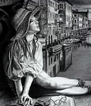  a woman sitting in front of a wall with an open magic book and in the background a venetian carniva