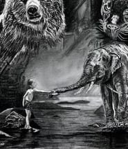 graphite drawing of Mowgli and his friends with a tiger in the background