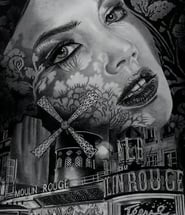 a woman's face with the Moulin Rouge in the background