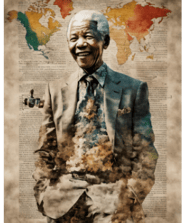 nelson mandela in a suit and tie with a map of africa