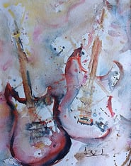 Peinture Aquarelle 2 Guitares rouges et bleues sur fond abstrait