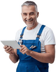 a man in overalls and overalls holding a tablet computer