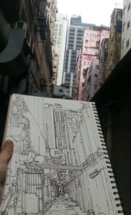 City sketch of Kowloon Hong Kong by artist Evgeny Bondarenko