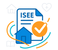 illustrazione di un documento con la dicitura "ISEE" e un grande segno di spunta arancione sopra, indicando approvazione 