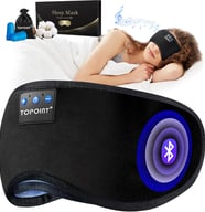 a woman in a sleep mask with a bluetoothed eye mask
