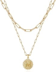 a necklace with a gold chain link chain and a gold chain link necklace