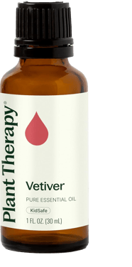 Plant Therapy Vetiver essential oil bottle labeled KidSafe, 30 ml size, clean cream label