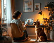 a woman sitting at a desk with a dog