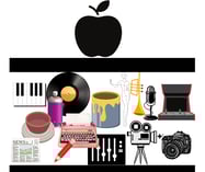 Silhouette of an apple sitting atop a crusher that is destroying creative tools
