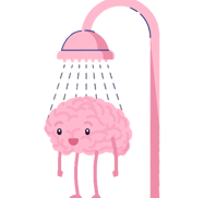 A cartoon brain standing under a shower