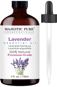 Majestic Pure lavender essential oil bottle labeled 100% natural premium grade, 4 oz with dropper